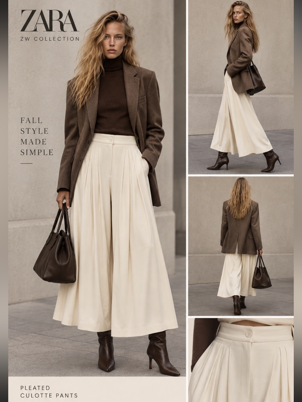 Zara ZW Collection Ivory Pleated Culotte Pants NWT Size M 7977/823/712